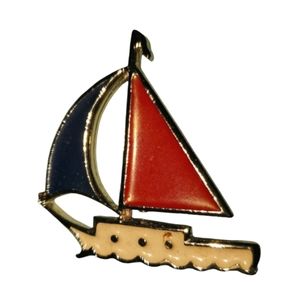 Red White and Blue Sailboat Brooch  Gold-toned Base